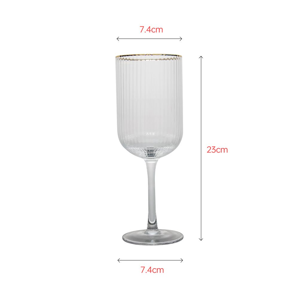 Crystal mouth-blown wine glass goblet with vertical texture inside and gold rim